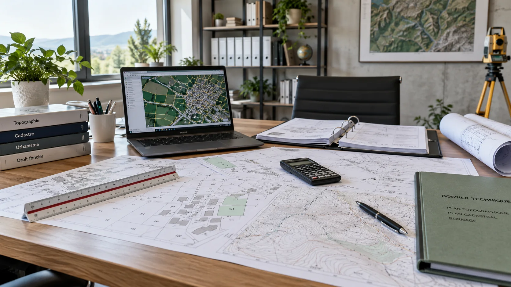 Plans topographiques, ordinateur et documents techniques en bureau d'étude
