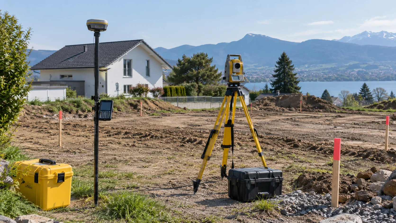 Station totale et matériel de géomètre sur un chantier